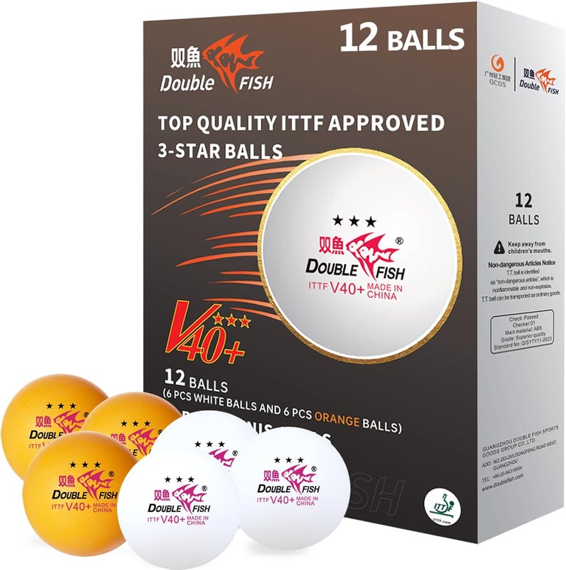 Double Fish Ping Pong Balls - White & Orange 3-Star Table Tennis Balls - High Performance V40+ ABS Balls Ultimate Durability Training Ball 12 Pack - Image 1